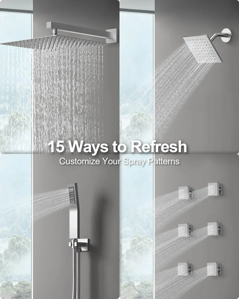 Badass 16 Inch Rainfall Shower System With Handheld Sprayer And Six Body Massagers Brushed Nickel Finish Independent Rotary Controls Quick Snap Install Slick Flow For Daily Chill Time
