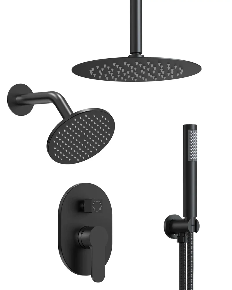 10 Inch Overhead Ceiling Rain Shower System With Removable Handheld Sprayer In Matte Black Finish Featuring Concealed Pressure Balance Valve For Consistent Temperature Control And Clean Bathroom Vibes