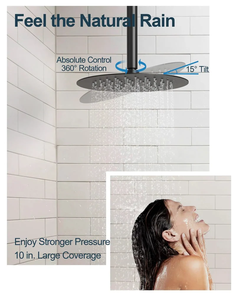 10 Inch Overhead Ceiling Rain Shower System With Removable Handheld Sprayer In Matte Black Finish Featuring Concealed Pressure Balance Valve For Consistent Temperature Control And Clean Bathroom Vibes