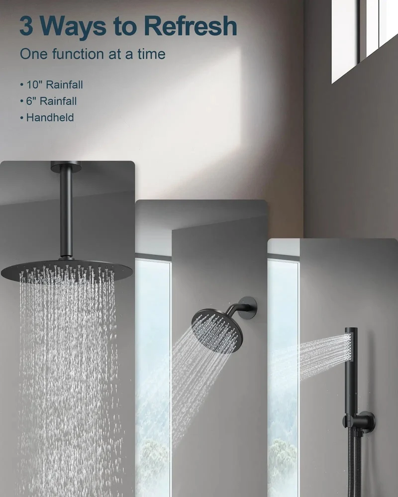 10 Inch Overhead Ceiling Rain Shower System With Removable Handheld Sprayer In Matte Black Finish Featuring Concealed Pressure Balance Valve For Consistent Temperature Control And Clean Bathroom Vibes