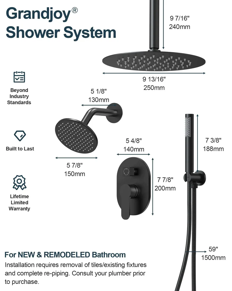 10 Inch Overhead Ceiling Rain Shower System With Removable Handheld Sprayer In Matte Black Finish Featuring Concealed Pressure Balance Valve For Consistent Temperature Control And Clean Bathroom Vibes
