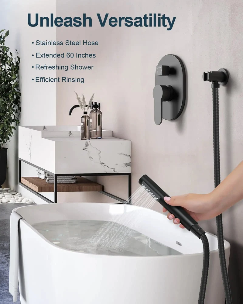 10 Inch Overhead Ceiling Rain Shower System With Removable Handheld Sprayer In Matte Black Finish Featuring Concealed Pressure Balance Valve For Consistent Temperature Control And Clean Bathroom Vibes