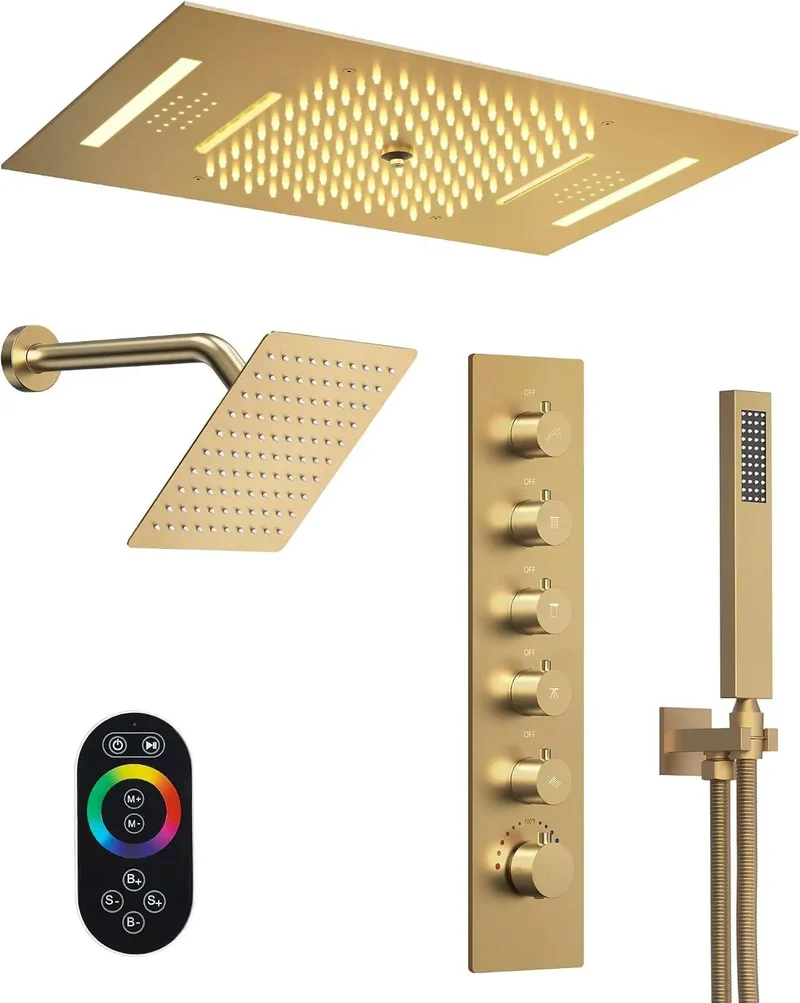 23 Inch LED Shower System With Built In Bluetooth Speaker And Handheld Sprayer, Ceiling Mounted Rainfall Showerhead With Remote Control And 64 Color Changing Lights, Next Level Brushed Gold Setup For Straight Chill Vibes