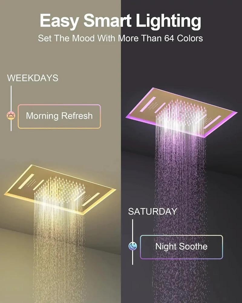 23 Inch LED Shower System With Built In Bluetooth Speaker And Handheld Sprayer, Ceiling Mounted Rainfall Showerhead With Remote Control And 64 Color Changing Lights, Next Level Brushed Gold Setup For Straight Chill Vibes