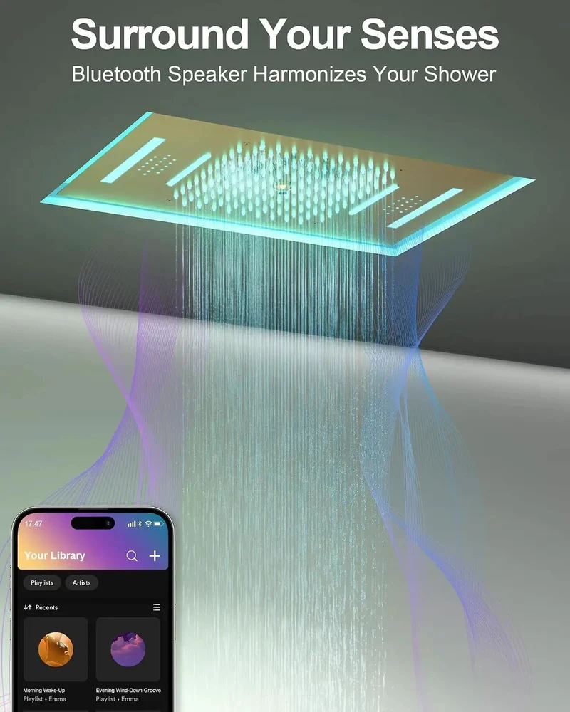 23 Inch LED Shower System With Built In Bluetooth Speaker And Handheld Sprayer, Ceiling Mounted Rainfall Showerhead With Remote Control And 64 Color Changing Lights, Next Level Brushed Gold Setup For Straight Chill Vibes