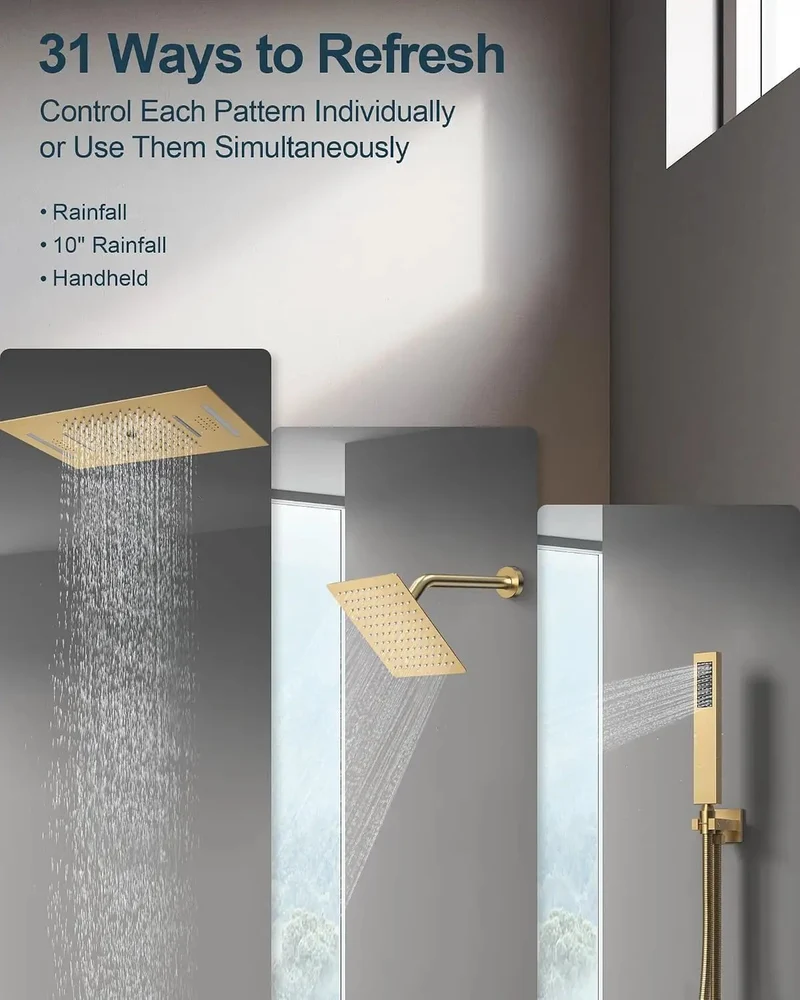 23 Inch LED Shower System With Built In Bluetooth Speaker And Handheld Sprayer, Ceiling Mounted Rainfall Showerhead With Remote Control And 64 Color Changing Lights, Next Level Brushed Gold Setup For Straight Chill Vibes