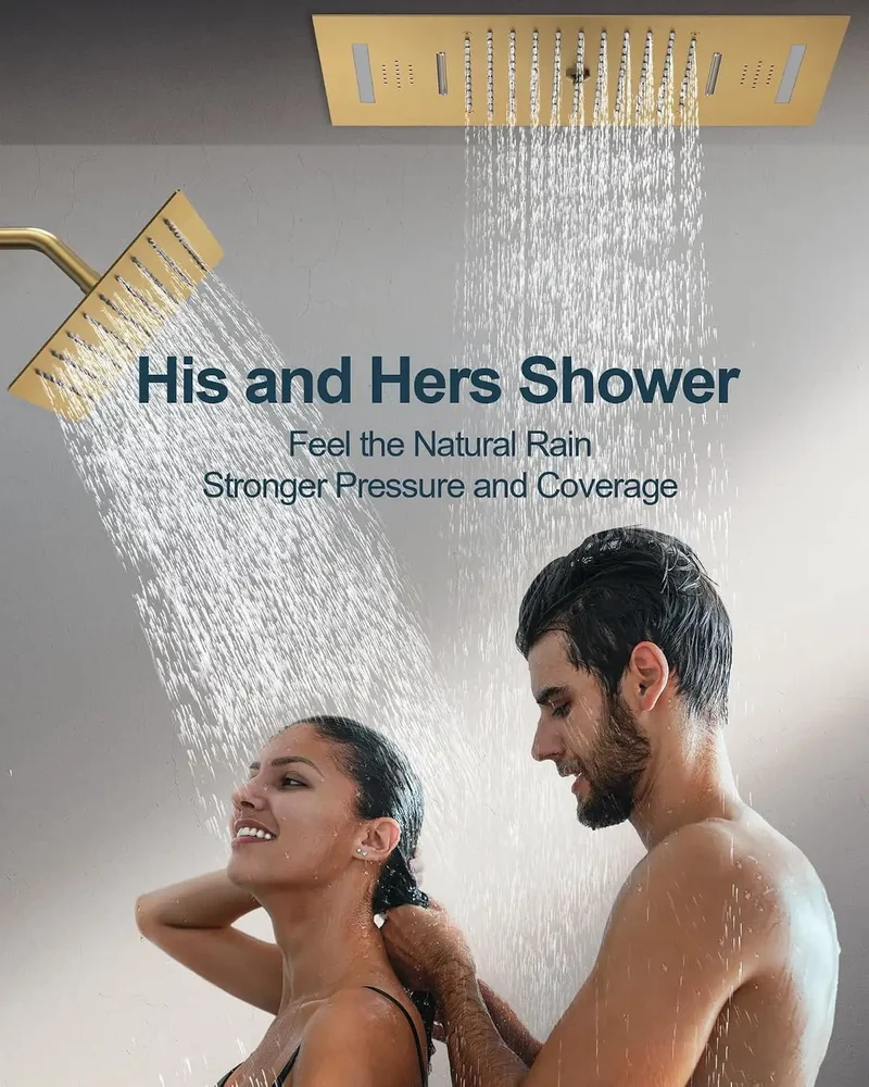 23 Inch LED Shower System With Built In Bluetooth Speaker And Handheld Sprayer, Ceiling Mounted Rainfall Showerhead With Remote Control And 64 Color Changing Lights, Next Level Brushed Gold Setup For Straight Chill Vibes