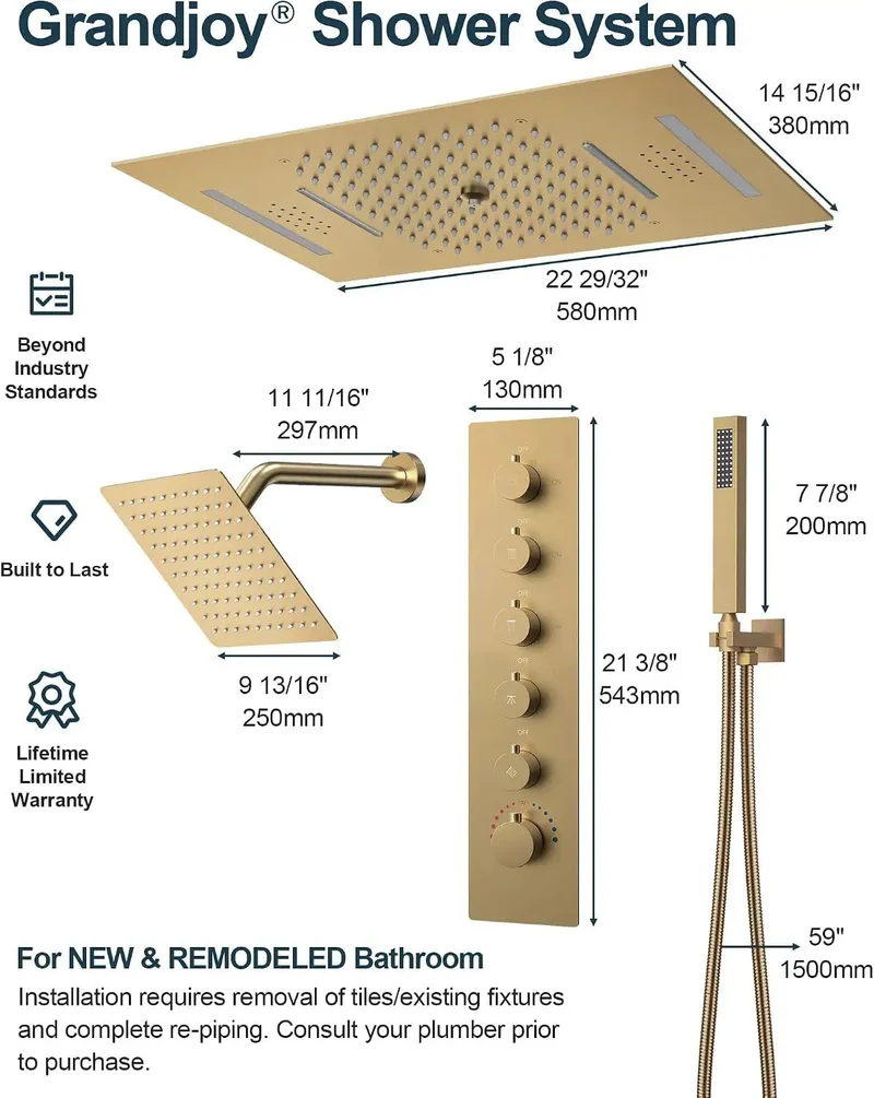 23 Inch LED Shower System With Built In Bluetooth Speaker And Handheld Sprayer, Ceiling Mounted Rainfall Showerhead With Remote Control And 64 Color Changing Lights, Next Level Brushed Gold Setup For Straight Chill Vibes