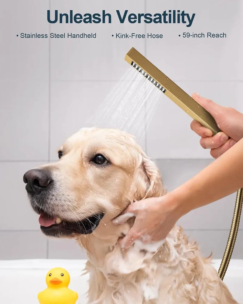 23 Inch LED Shower System With Built In Bluetooth Speaker And Handheld Sprayer, Ceiling Mounted Rainfall Showerhead With Remote Control And 64 Color Changing Lights, Next Level Brushed Gold Setup For Straight Chill Vibes