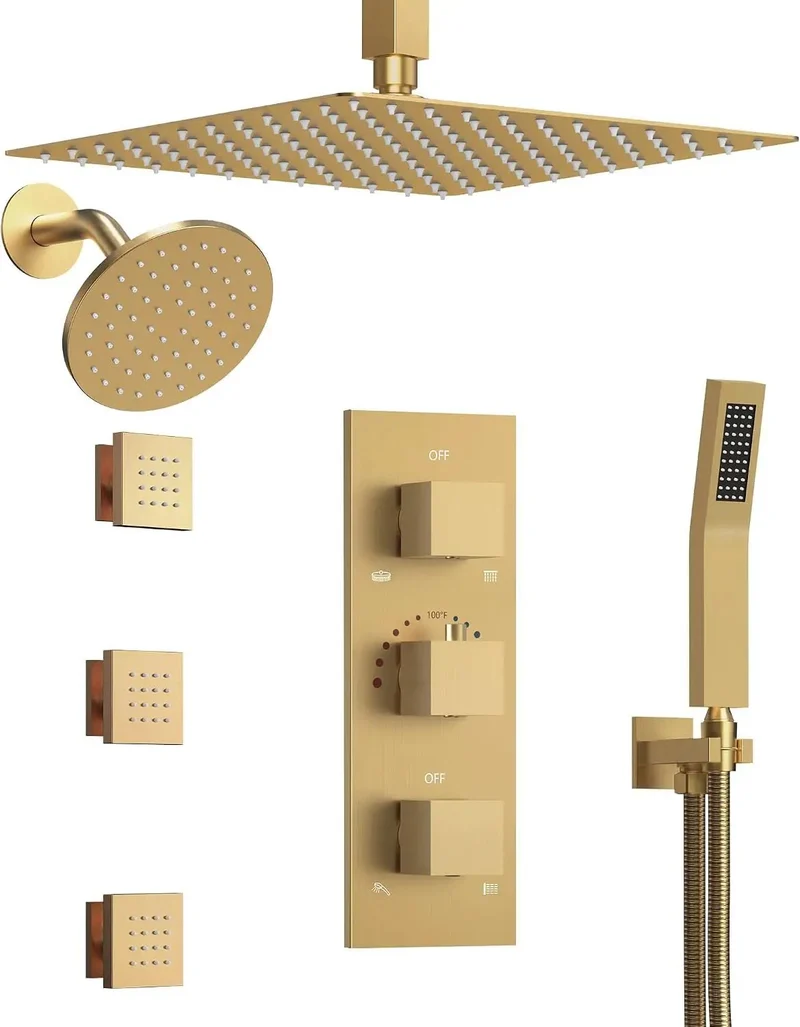 Top Tier Ceiling Shower System With Twelve Inch Rainfall Head And Solid Handheld Sprayer In Brushed Gold Featuring Three Body Jets And Flexible Eight Way Flow For A No Fuss Luxury Bathroom Upgrade
