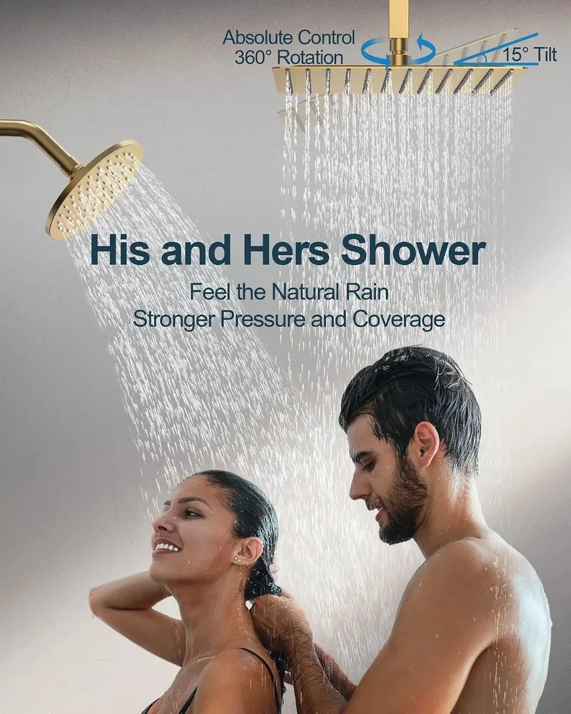 Top Tier Ceiling Shower System With Twelve Inch Rainfall Head And Solid Handheld Sprayer In Brushed Gold Featuring Three Body Jets And Flexible Eight Way Flow For A No Fuss Luxury Bathroom Upgrade