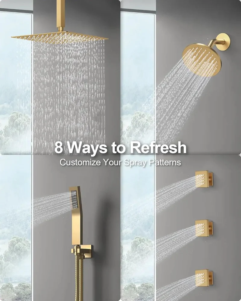 Top Tier Ceiling Shower System With Twelve Inch Rainfall Head And Solid Handheld Sprayer In Brushed Gold Featuring Three Body Jets And Flexible Eight Way Flow For A No Fuss Luxury Bathroom Upgrade