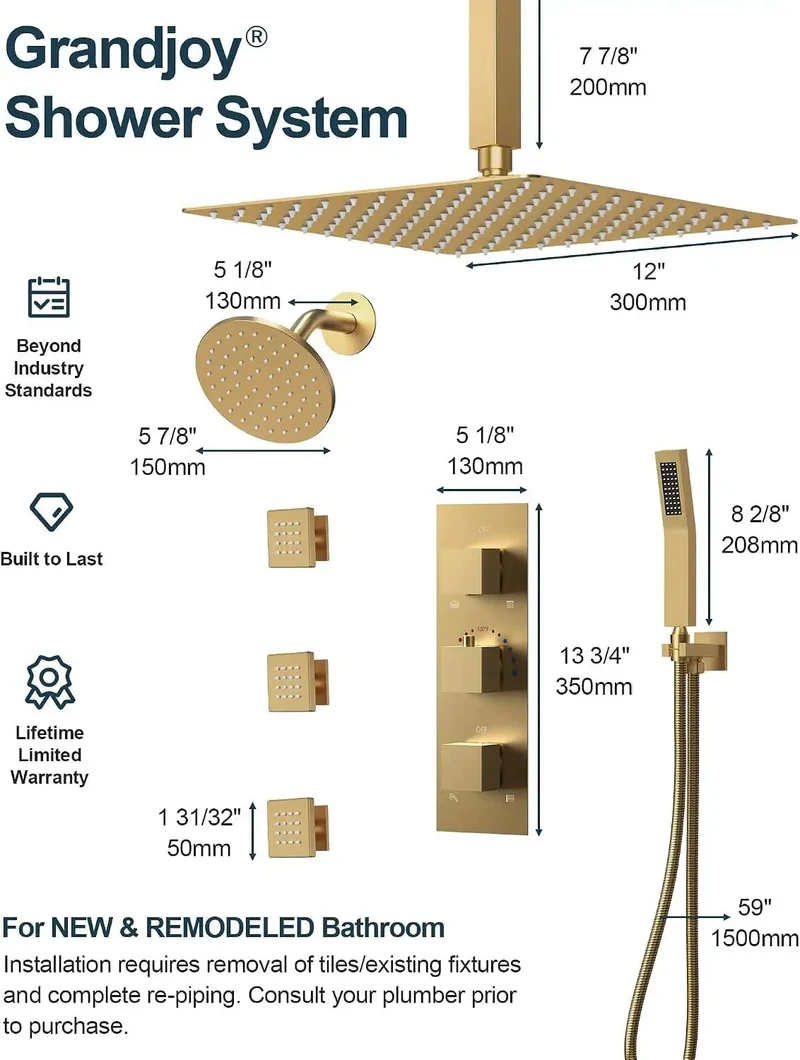 Top Tier Ceiling Shower System With Twelve Inch Rainfall Head And Solid Handheld Sprayer In Brushed Gold Featuring Three Body Jets And Flexible Eight Way Flow For A No Fuss Luxury Bathroom Upgrade