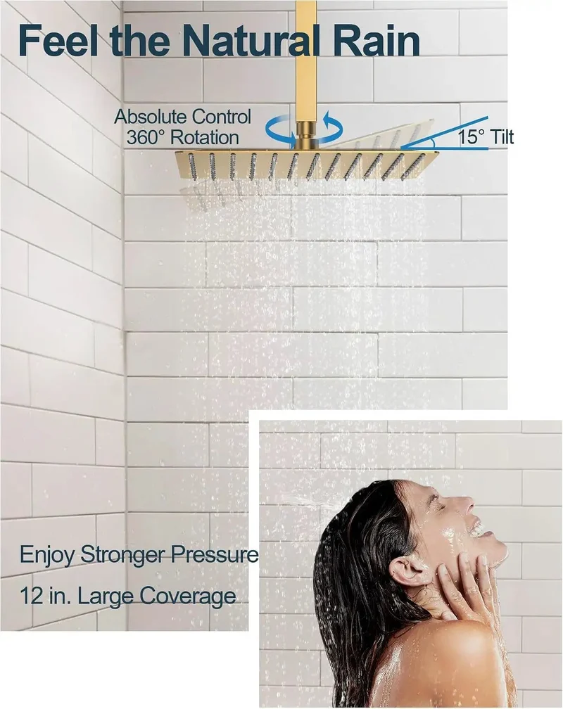 Top Tier Ceiling Shower System With Twelve Inch Rainfall Head And Solid Handheld Sprayer In Brushed Gold Featuring Three Body Jets And Flexible Eight Way Flow For A No Fuss Luxury Bathroom Upgrade