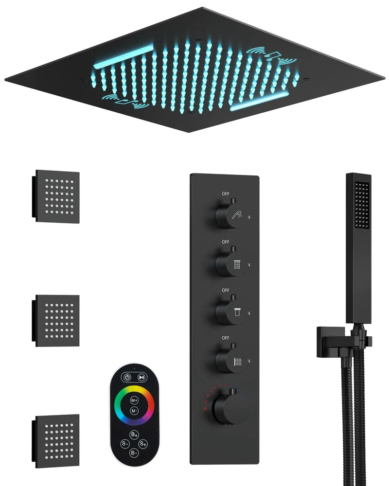 Game Changing 20 Inch Matte Black Led Shower System Featuring Dynamic Color Lights Integrated Bluetooth Speaker And Ergonomic Handheld Sprayer For Straight Up Bathroom Bliss And Big Time Relaxation