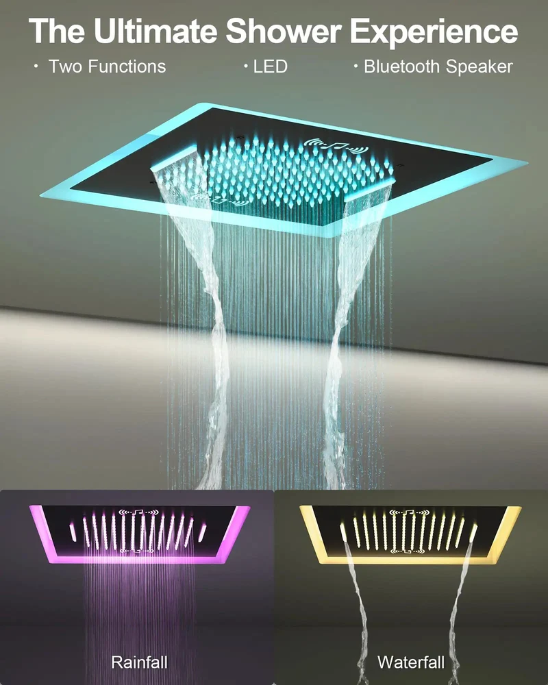 Game Changing 20 Inch Matte Black Led Shower System Featuring Dynamic Color Lights Integrated Bluetooth Speaker And Ergonomic Handheld Sprayer For Straight Up Bathroom Bliss And Big Time Relaxation