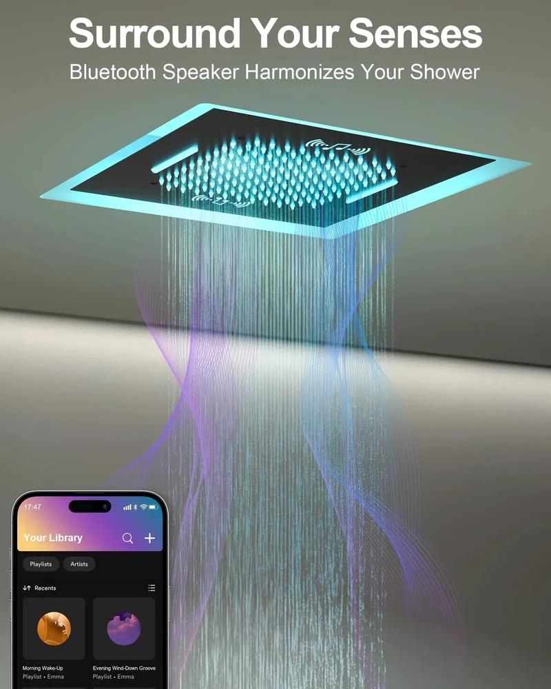 Game Changing 20 Inch Matte Black Led Shower System Featuring Dynamic Color Lights Integrated Bluetooth Speaker And Ergonomic Handheld Sprayer For Straight Up Bathroom Bliss And Big Time Relaxation