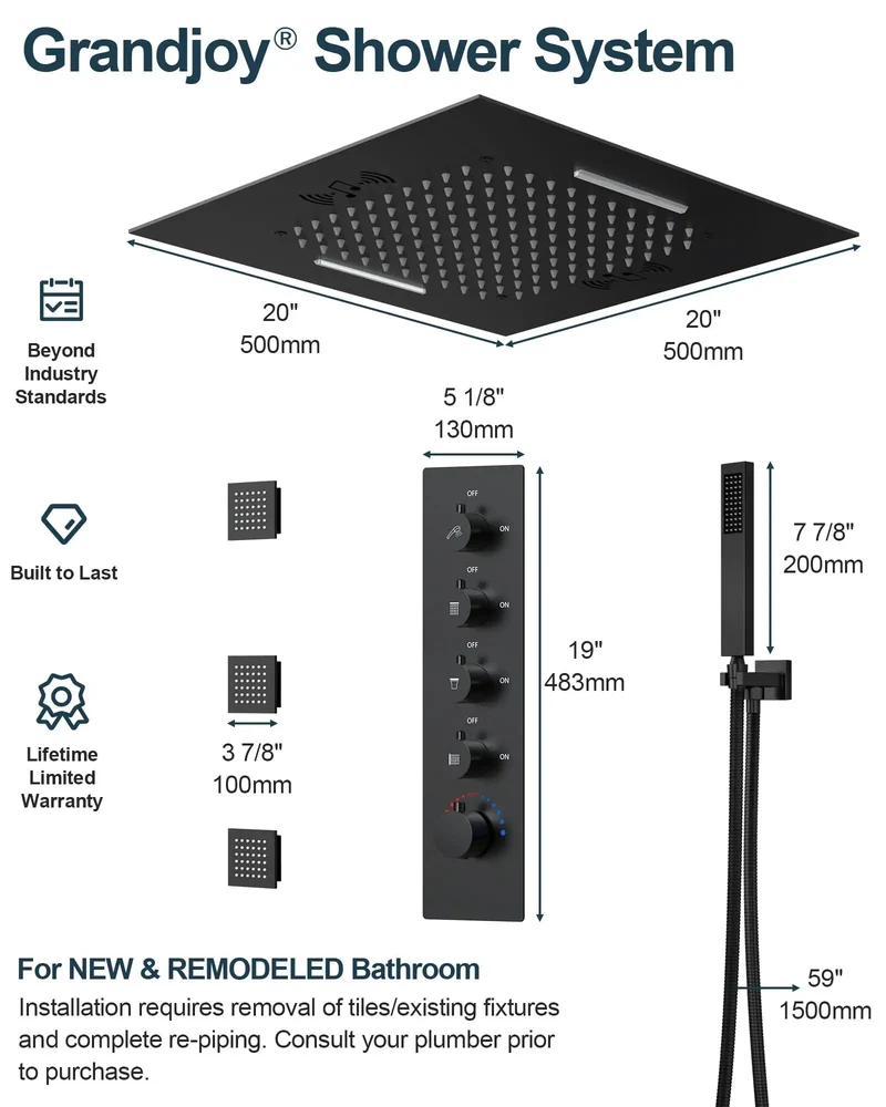 Game Changing 20 Inch Matte Black Led Shower System Featuring Dynamic Color Lights Integrated Bluetooth Speaker And Ergonomic Handheld Sprayer For Straight Up Bathroom Bliss And Big Time Relaxation