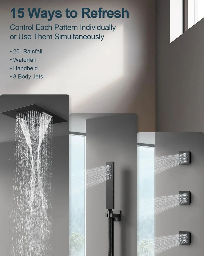 Game Changing 20 Inch Matte Black Led Shower System Featuring Dynamic Color Lights Integrated Bluetooth Speaker And Ergonomic Handheld Sprayer For Straight Up Bathroom Bliss And Big Time Relaxation