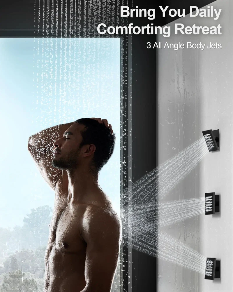 Game Changing 20 Inch Matte Black Led Shower System Featuring Dynamic Color Lights Integrated Bluetooth Speaker And Ergonomic Handheld Sprayer For Straight Up Bathroom Bliss And Big Time Relaxation