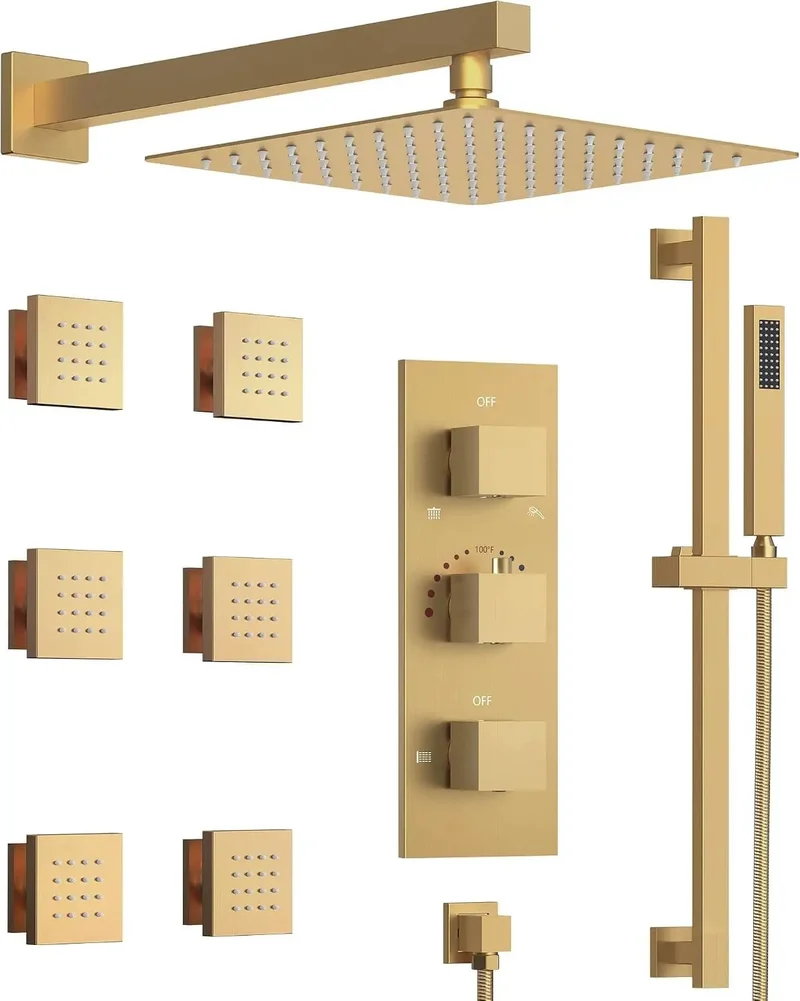 Sleek Twelve Inch Shower Kit With Brushed Gold Trim And Portable Handheld Featuring Top Mount Rainfall Head Six Wall Jet Valves Five Adaptive Flow Settings For A Total Bathroom Glow Up Today