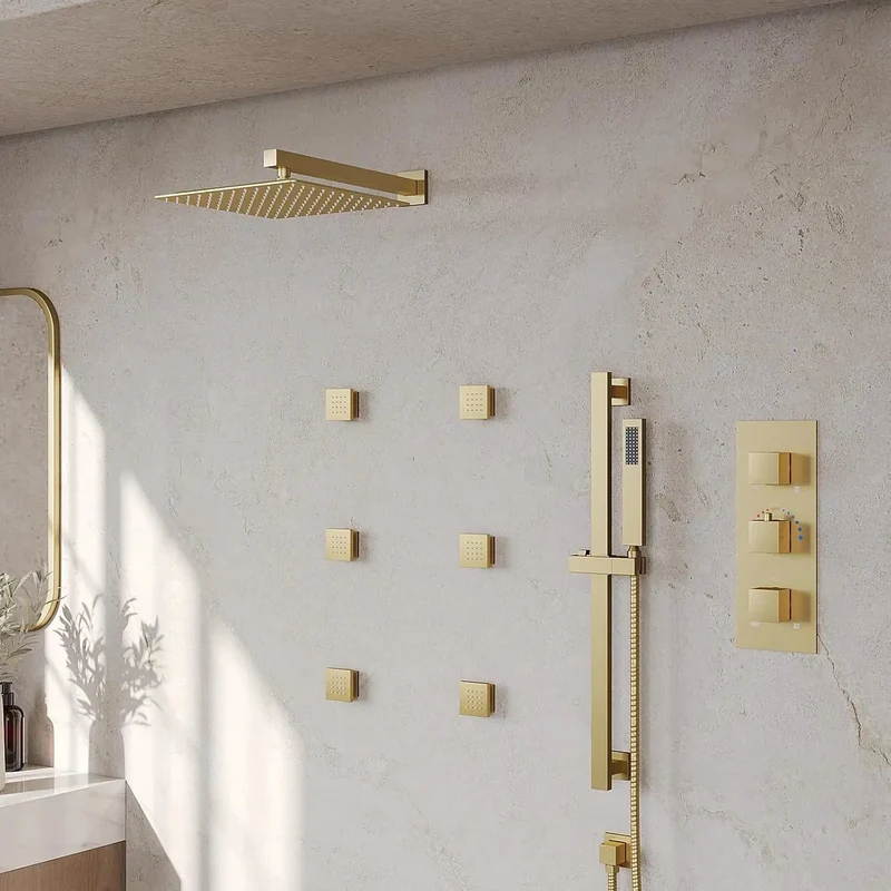 Sleek Twelve Inch Shower Kit With Brushed Gold Trim And Portable Handheld Featuring Top Mount Rainfall Head Six Wall Jet Valves Five Adaptive Flow Settings For A Total Bathroom Glow Up Today