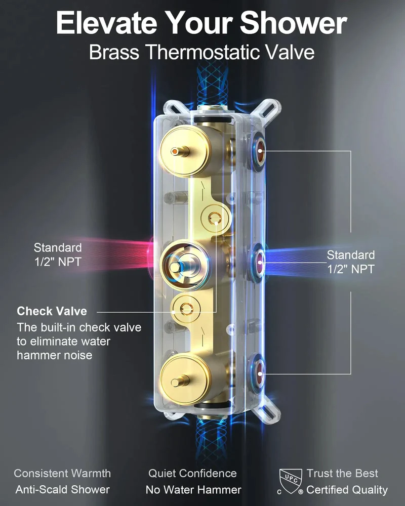Sleek Twelve Inch Shower Kit With Brushed Gold Trim And Portable Handheld Featuring Top Mount Rainfall Head Six Wall Jet Valves Five Adaptive Flow Settings For A Total Bathroom Glow Up Today