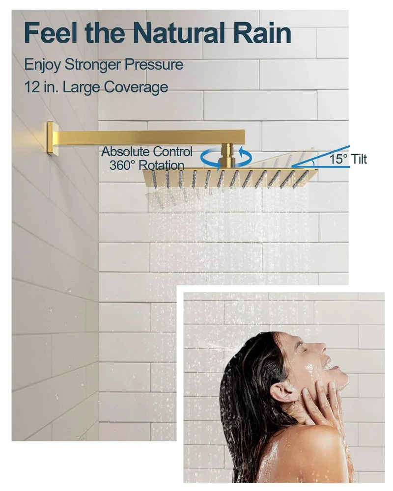 Sleek Twelve Inch Shower Kit With Brushed Gold Trim And Portable Handheld Featuring Top Mount Rainfall Head Six Wall Jet Valves Five Adaptive Flow Settings For A Total Bathroom Glow Up Today