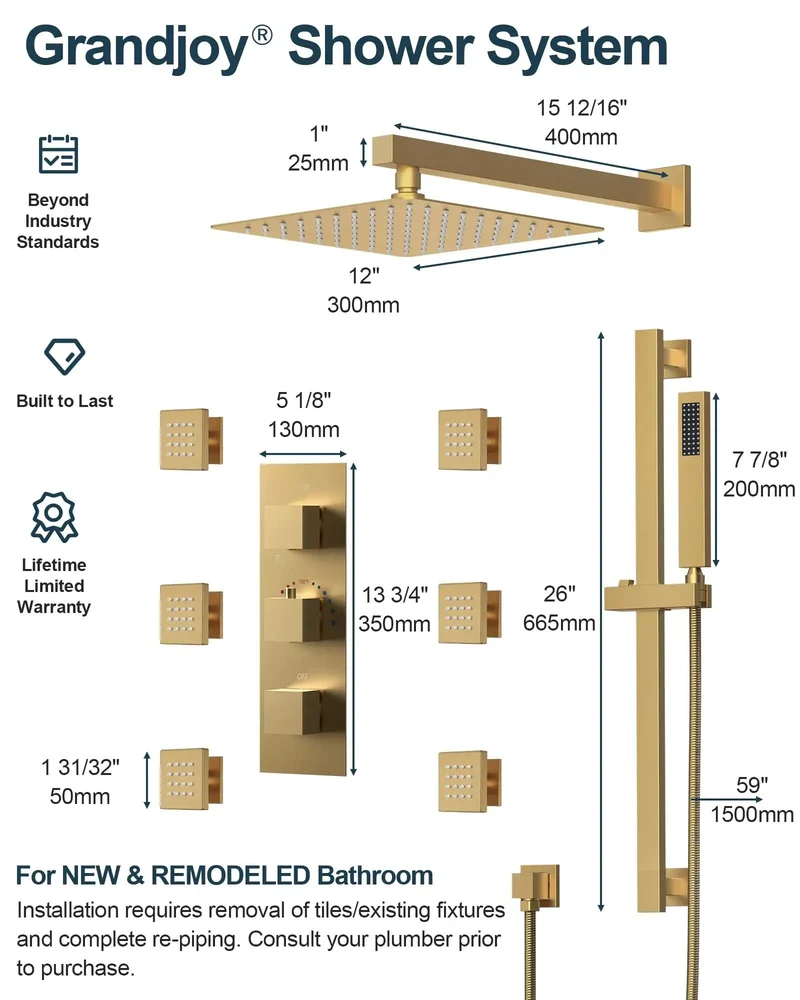 Sleek Twelve Inch Shower Kit With Brushed Gold Trim And Portable Handheld Featuring Top Mount Rainfall Head Six Wall Jet Valves Five Adaptive Flow Settings For A Total Bathroom Glow Up Today