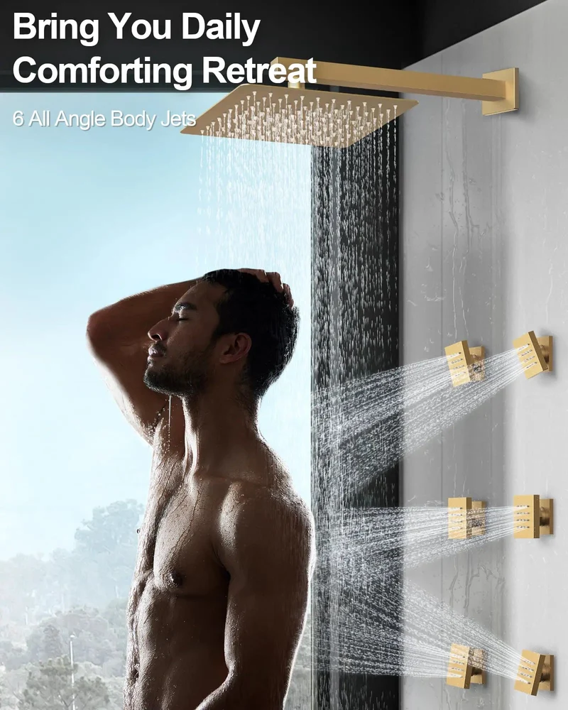Sleek Twelve Inch Shower Kit With Brushed Gold Trim And Portable Handheld Featuring Top Mount Rainfall Head Six Wall Jet Valves Five Adaptive Flow Settings For A Total Bathroom Glow Up Today