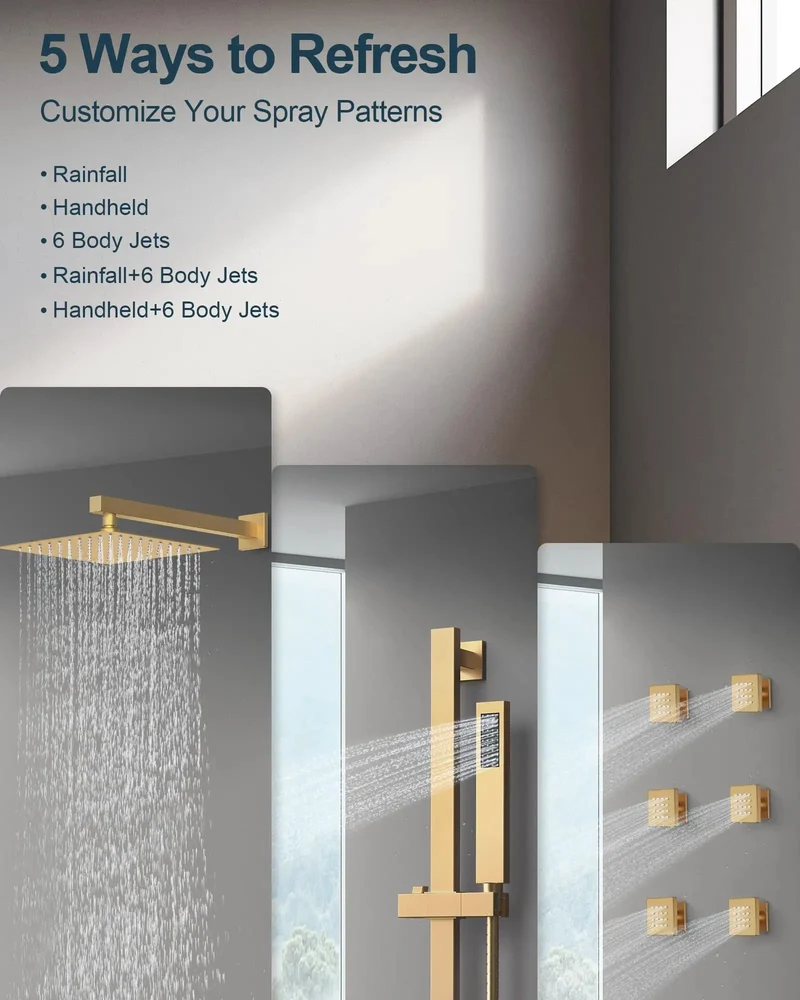 Sleek Twelve Inch Shower Kit With Brushed Gold Trim And Portable Handheld Featuring Top Mount Rainfall Head Six Wall Jet Valves Five Adaptive Flow Settings For A Total Bathroom Glow Up Today