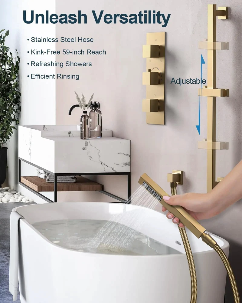 Sleek Twelve Inch Shower Kit With Brushed Gold Trim And Portable Handheld Featuring Top Mount Rainfall Head Six Wall Jet Valves Five Adaptive Flow Settings For A Total Bathroom Glow Up Today