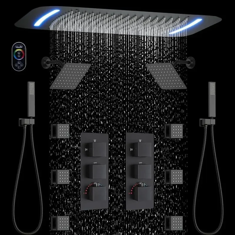 Heavy Duty Slick Matte Black Thermostatic Shower System With Led Ceiling Rainfall Head And Dual Adjustable Sprayers Solid Brass Body Jets For Your Next Level Bath Setup