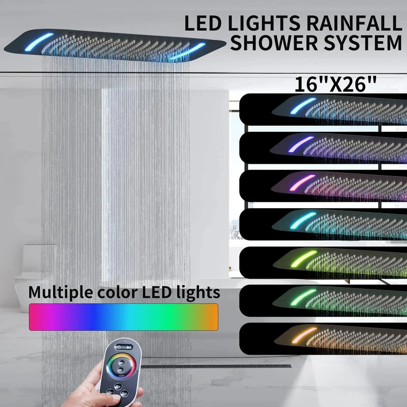 Heavy Duty Slick Matte Black Thermostatic Shower System With Led Ceiling Rainfall Head And Dual Adjustable Sprayers Solid Brass Body Jets For Your Next Level Bath Setup