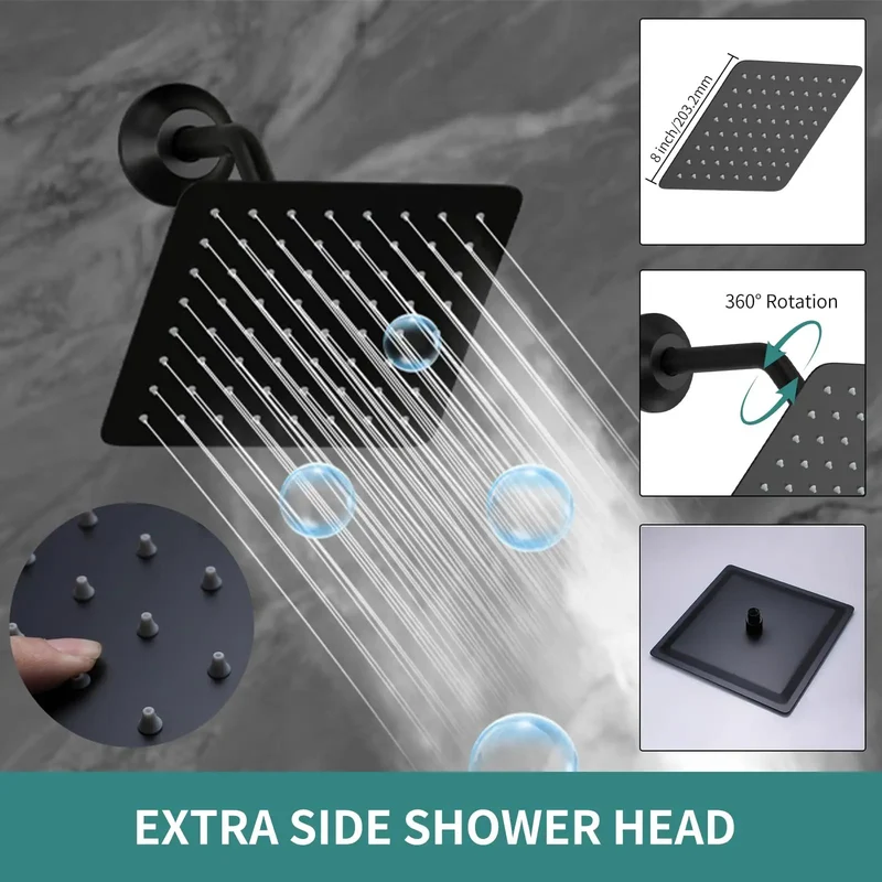 Heavy Duty Slick Matte Black Thermostatic Shower System With Led Ceiling Rainfall Head And Dual Adjustable Sprayers Solid Brass Body Jets For Your Next Level Bath Setup