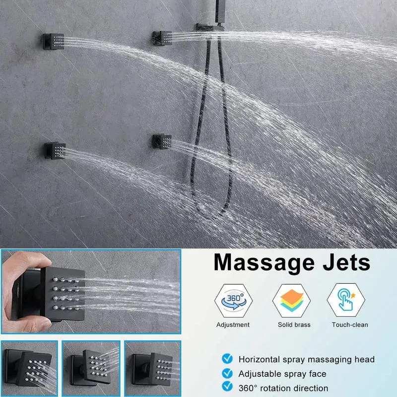 Heavy Duty Slick Matte Black Thermostatic Shower System With Led Ceiling Rainfall Head And Dual Adjustable Sprayers Solid Brass Body Jets For Your Next Level Bath Setup