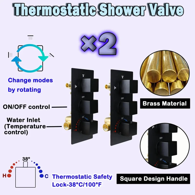 Heavy Duty Slick Matte Black Thermostatic Shower System With Led Ceiling Rainfall Head And Dual Adjustable Sprayers Solid Brass Body Jets For Your Next Level Bath Setup