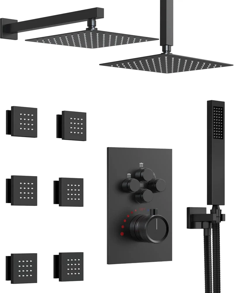 Heavy Duty Dual Rainfall Shower System With Adjustable Handheld Spray And Six Powerful Body Jets Sleek Matte Black Finish Four Independent Valve Controls Built Different For A Top Shelf Bathroom Refresh