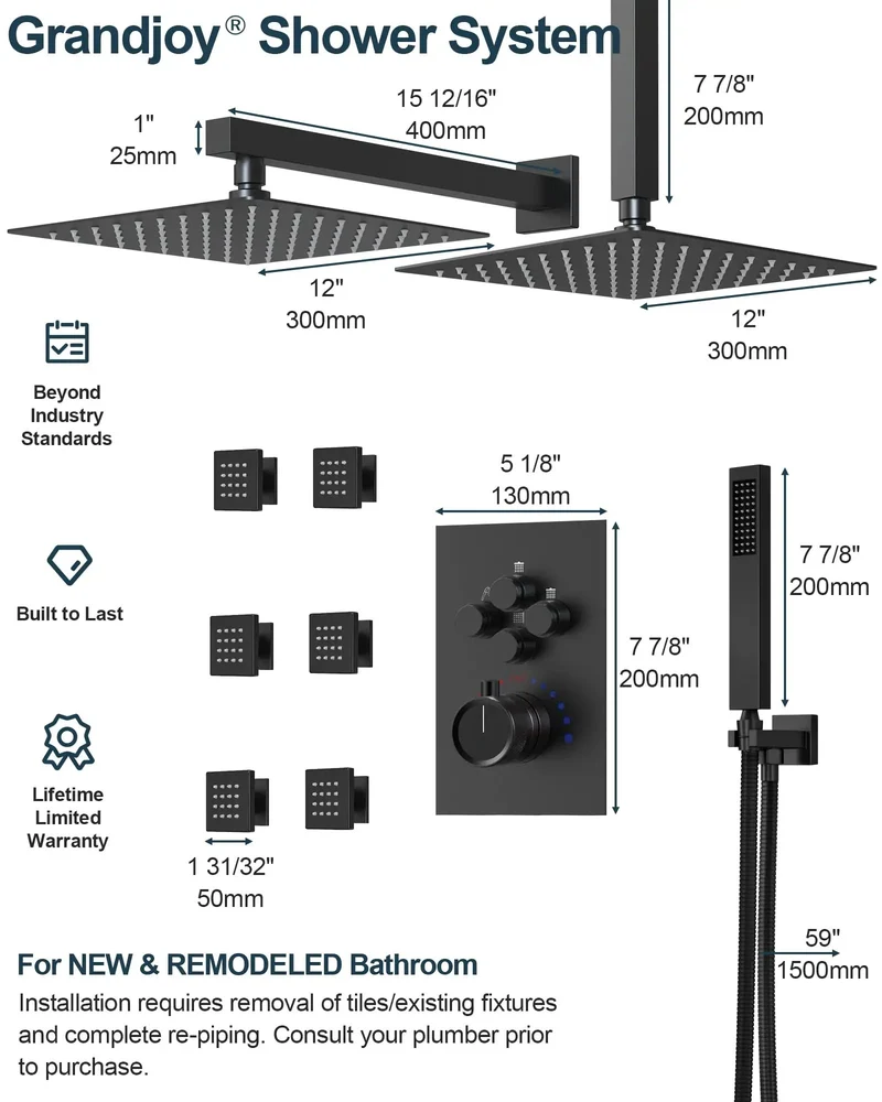 Heavy Duty Dual Rainfall Shower System With Adjustable Handheld Spray And Six Powerful Body Jets Sleek Matte Black Finish Four Independent Valve Controls Built Different For A Top Shelf Bathroom Refresh