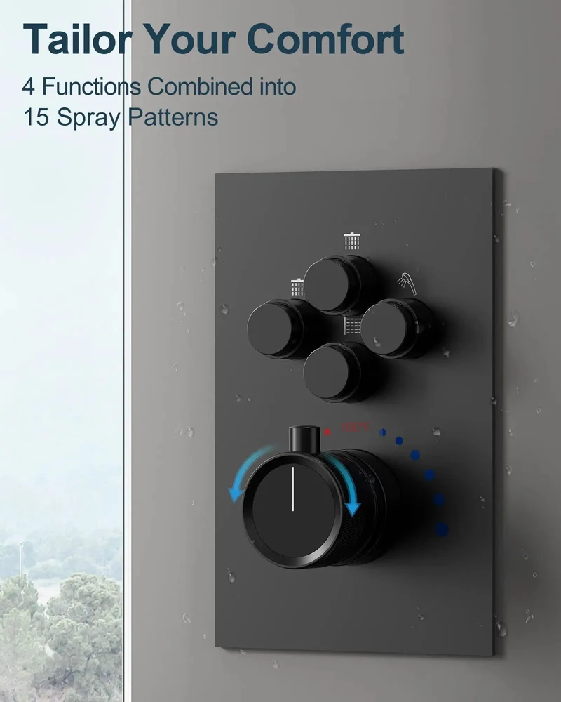 Heavy Duty Dual Rainfall Shower System With Adjustable Handheld Spray And Six Powerful Body Jets Sleek Matte Black Finish Four Independent Valve Controls Built Different For A Top Shelf Bathroom Refresh