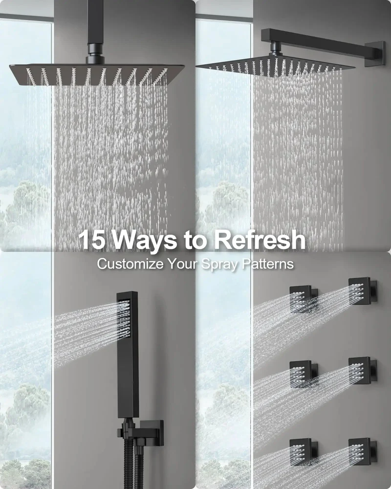 Heavy Duty Dual Rainfall Shower System With Adjustable Handheld Spray And Six Powerful Body Jets Sleek Matte Black Finish Four Independent Valve Controls Built Different For A Top Shelf Bathroom Refresh