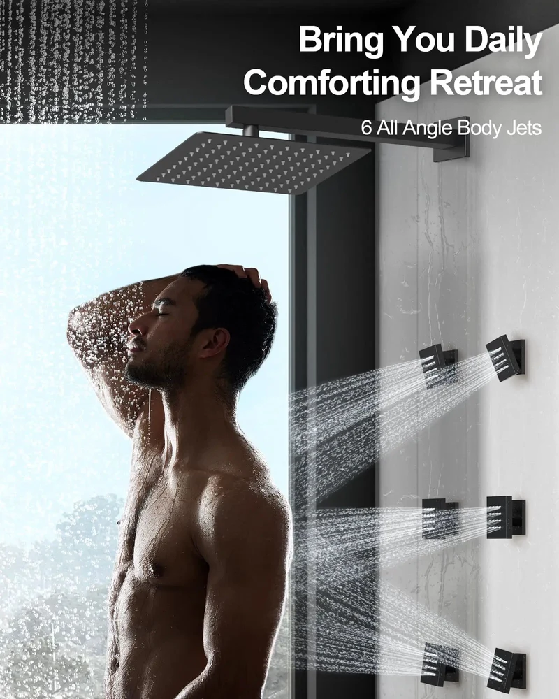 Heavy Duty Dual Rainfall Shower System With Adjustable Handheld Spray And Six Powerful Body Jets Sleek Matte Black Finish Four Independent Valve Controls Built Different For A Top Shelf Bathroom Refresh
