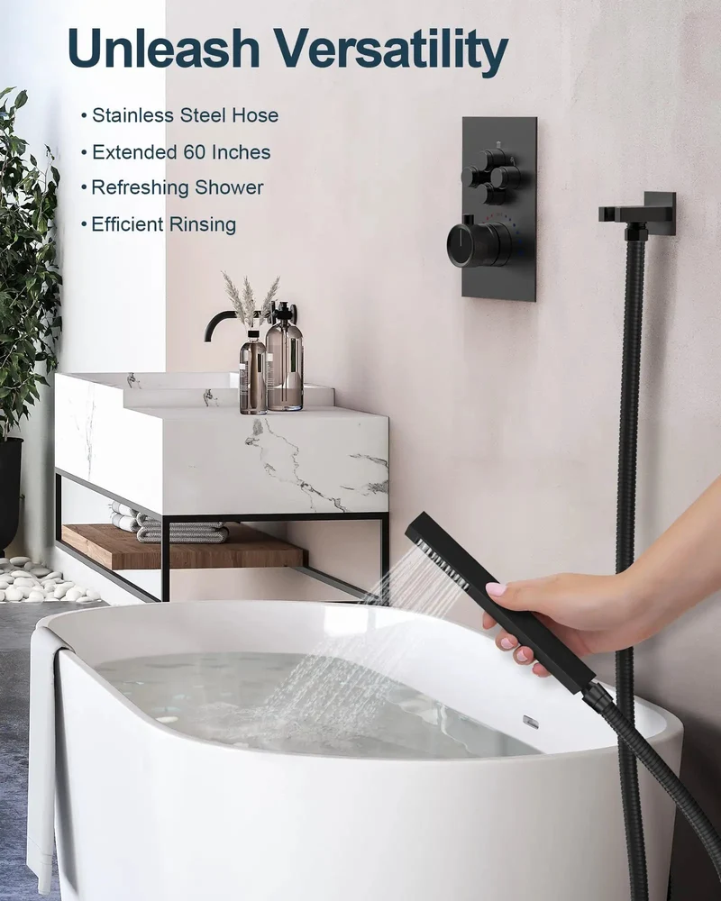 Heavy Duty Dual Rainfall Shower System With Adjustable Handheld Spray And Six Powerful Body Jets Sleek Matte Black Finish Four Independent Valve Controls Built Different For A Top Shelf Bathroom Refresh