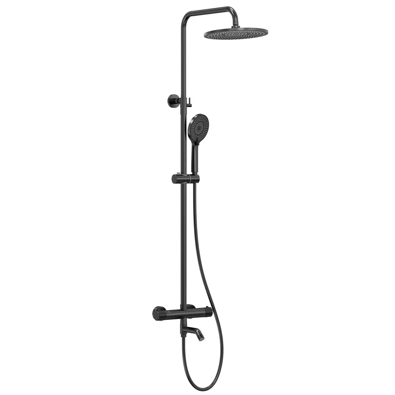 Slick Matte Black Exposed Tub And Shower System With 10 Inch Rainfall Head Handheld Sprayer And Dual Valve Tub Spout Providing A Smooth Heavy Duty Bathroom Game Changer Setup