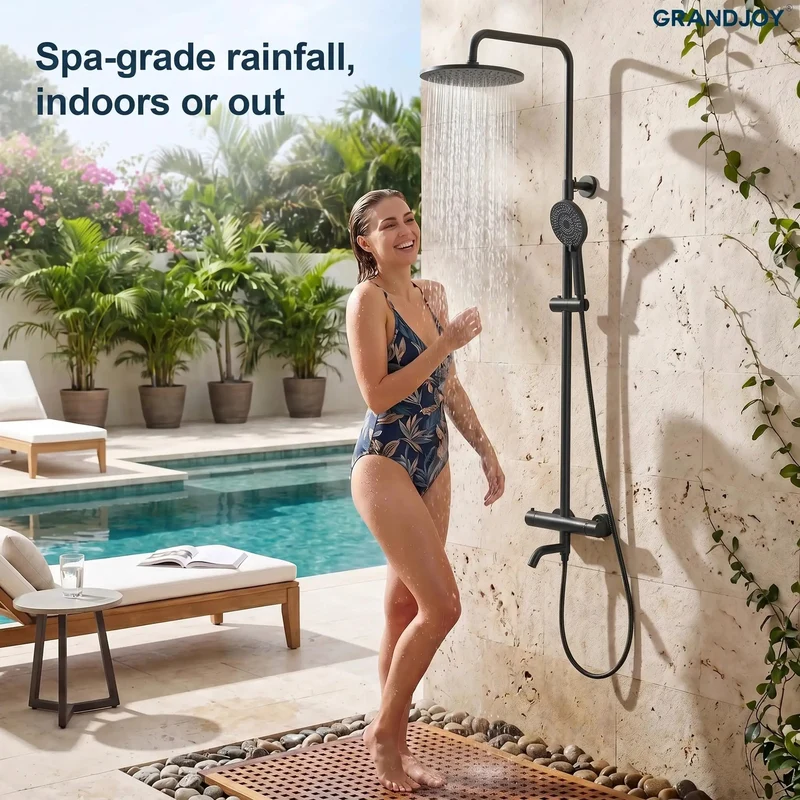 Slick Matte Black Exposed Tub And Shower System With 10 Inch Rainfall Head Handheld Sprayer And Dual Valve Tub Spout Providing A Smooth Heavy Duty Bathroom Game Changer Setup