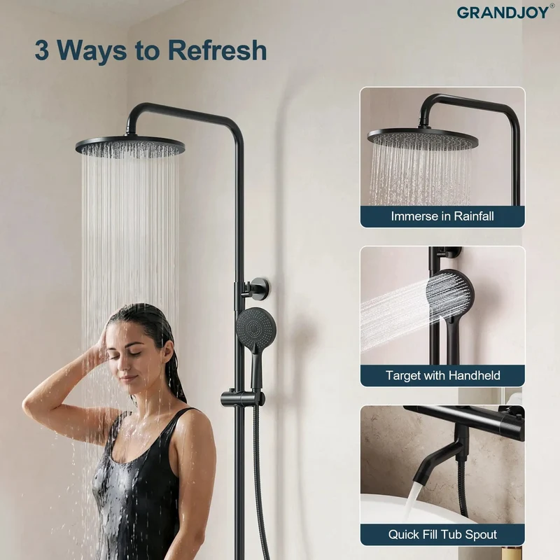 Slick Matte Black Exposed Tub And Shower System With 10 Inch Rainfall Head Handheld Sprayer And Dual Valve Tub Spout Providing A Smooth Heavy Duty Bathroom Game Changer Setup