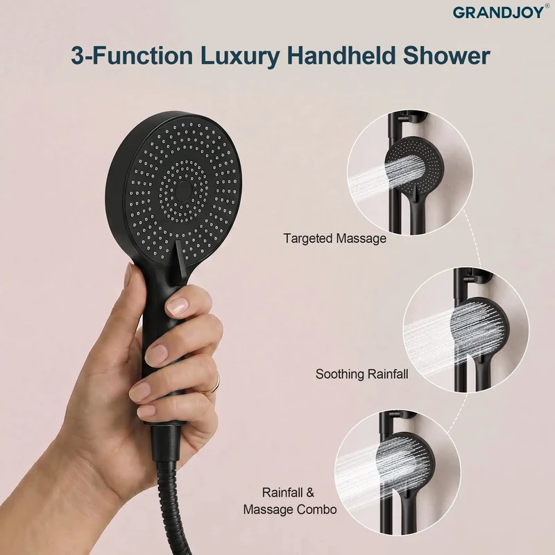 Slick Matte Black Exposed Tub And Shower System With 10 Inch Rainfall Head Handheld Sprayer And Dual Valve Tub Spout Providing A Smooth Heavy Duty Bathroom Game Changer Setup