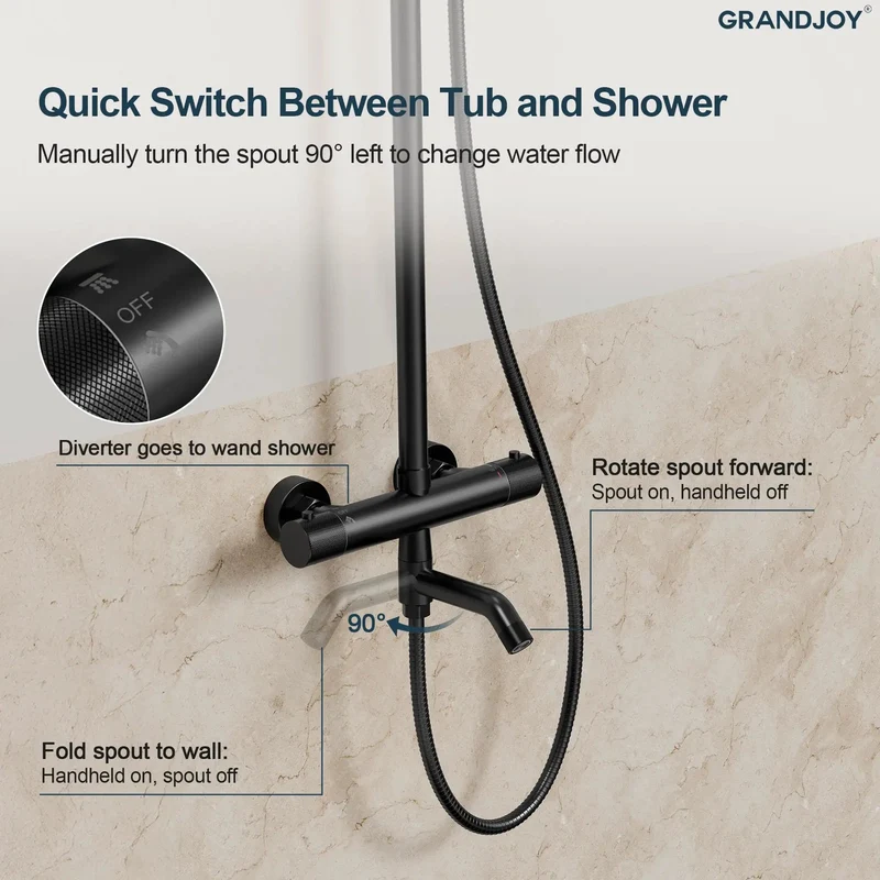 Slick Matte Black Exposed Tub And Shower System With 10 Inch Rainfall Head Handheld Sprayer And Dual Valve Tub Spout Providing A Smooth Heavy Duty Bathroom Game Changer Setup