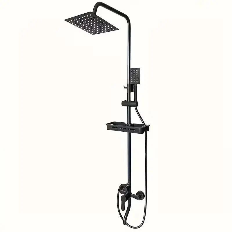 Matte Black Rain Shower System Complete Set with Square Rainfall Head and Handheld Shower Wand Adjustable Slide Bar Built in Storage Shelf Elevate Your Daily Vibe with this Badass Upgrade
