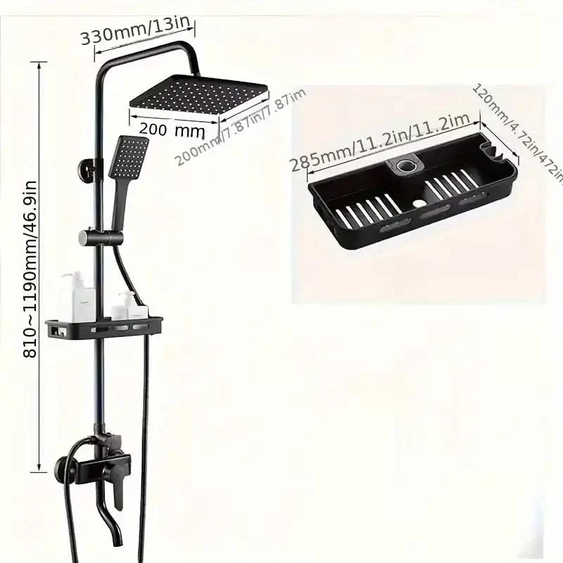 Matte Black Rain Shower System Complete Set with Square Rainfall Head and Handheld Shower Wand Adjustable Slide Bar Built in Storage Shelf Elevate Your Daily Vibe with this Badass Upgrade